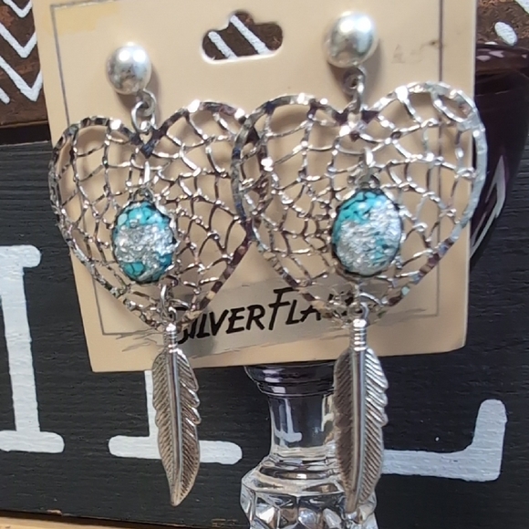 Spiderweb Silver Flake & Turquoise Heart Earrings - Picture 5 of 5